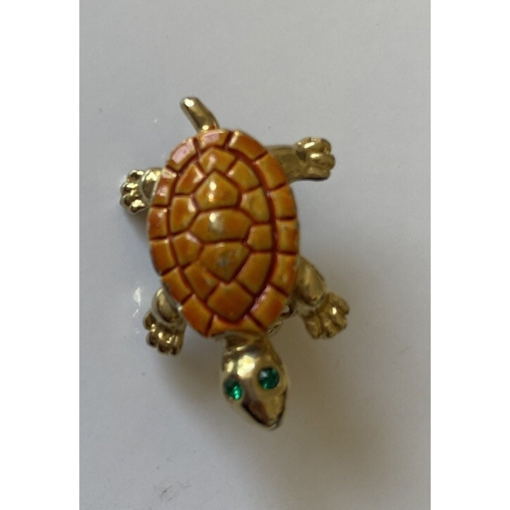 VTG Gold Tone Enamel Turtle Green Rhinestone Eyes 1 " Pin Brooch
